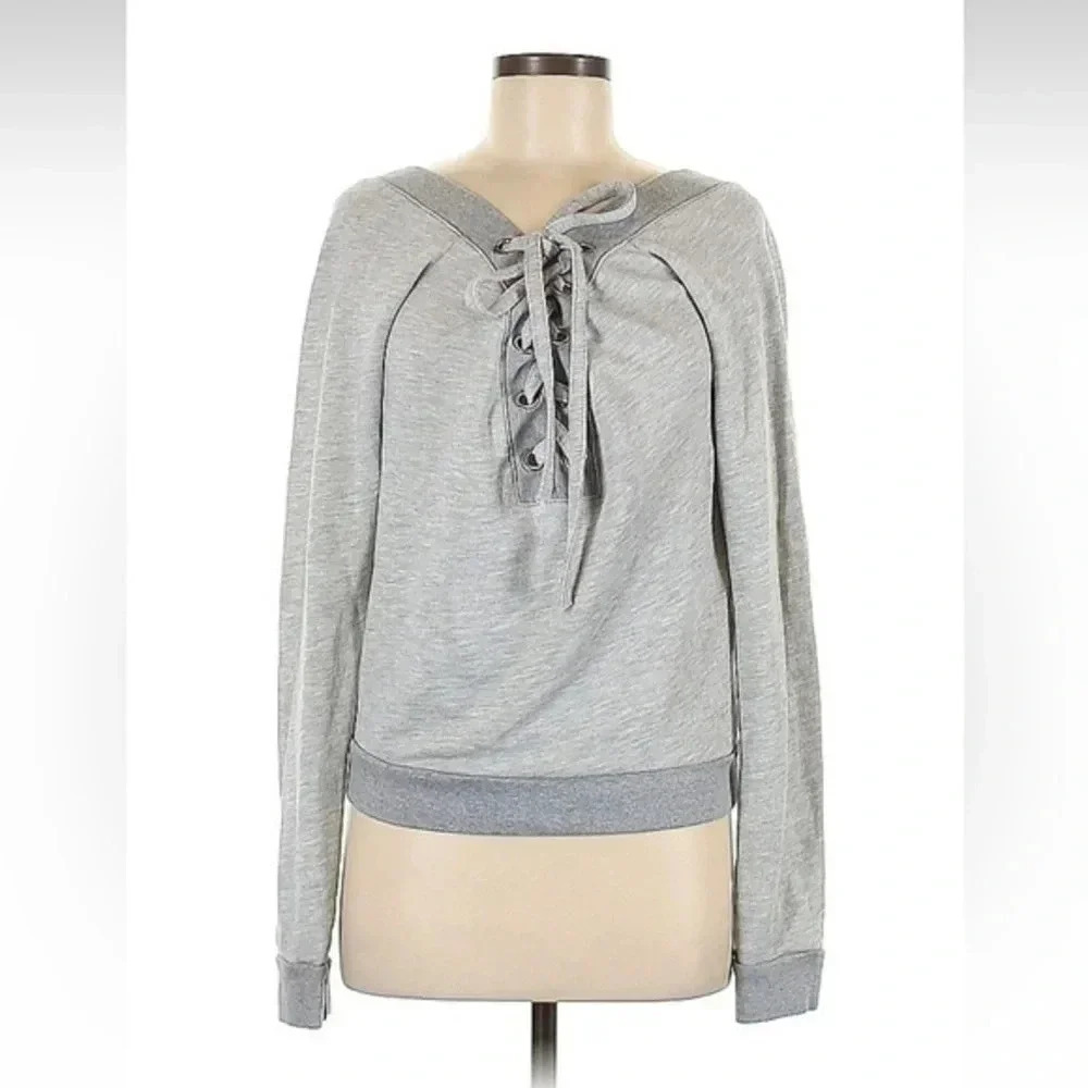 Lovers + Friends Grey Lace Up Cotton Sweatshirt Top Size M Medium